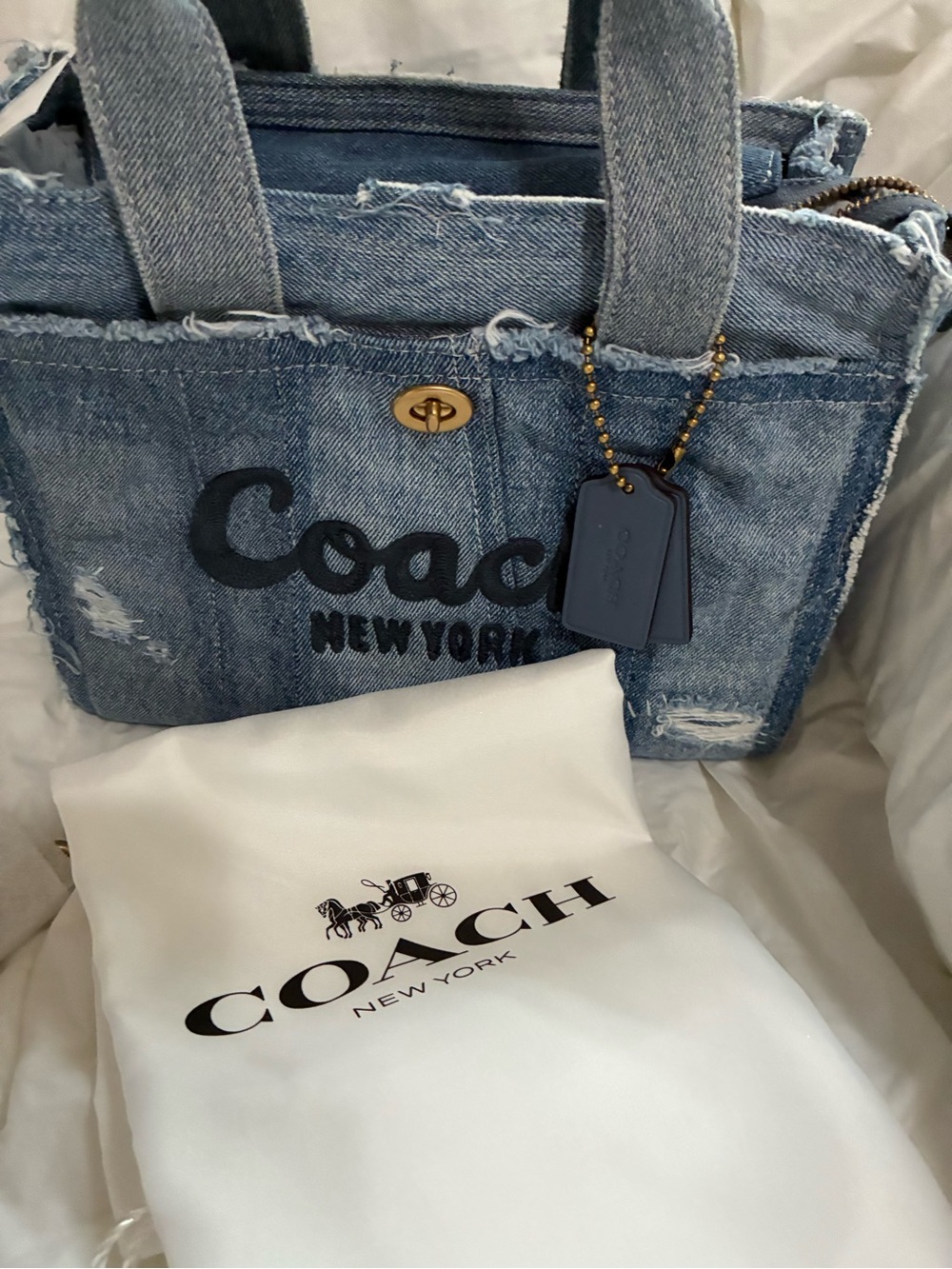 Coach Denim Patchwork Tote in Medium Blue with Gold Hardware